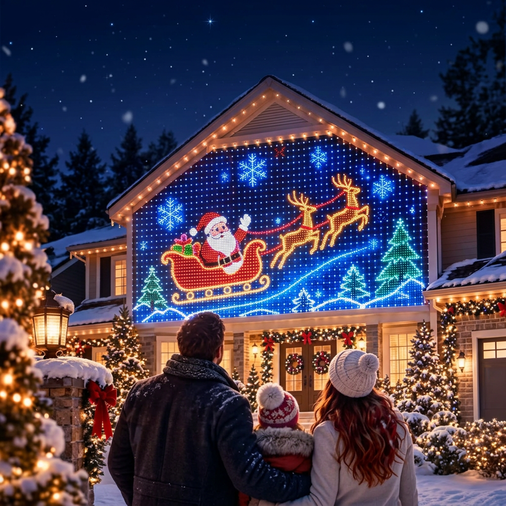 Imagen ilustrativa de fachada navideña con Santa, renos y luces de colores