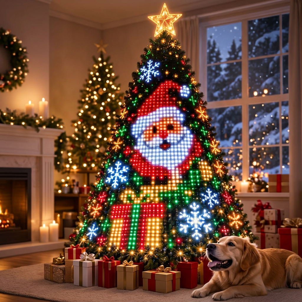 Imagen ilustrativa editada con IA de árbol luminoso navideño con diseño de Santa