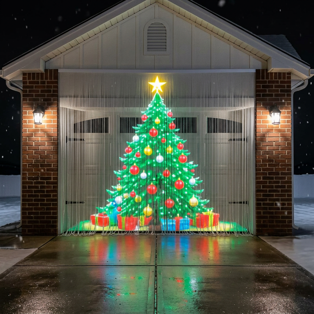 Imagen ilustrativa editada con IA de luces navideñas en forma de árbol frente a un garaje